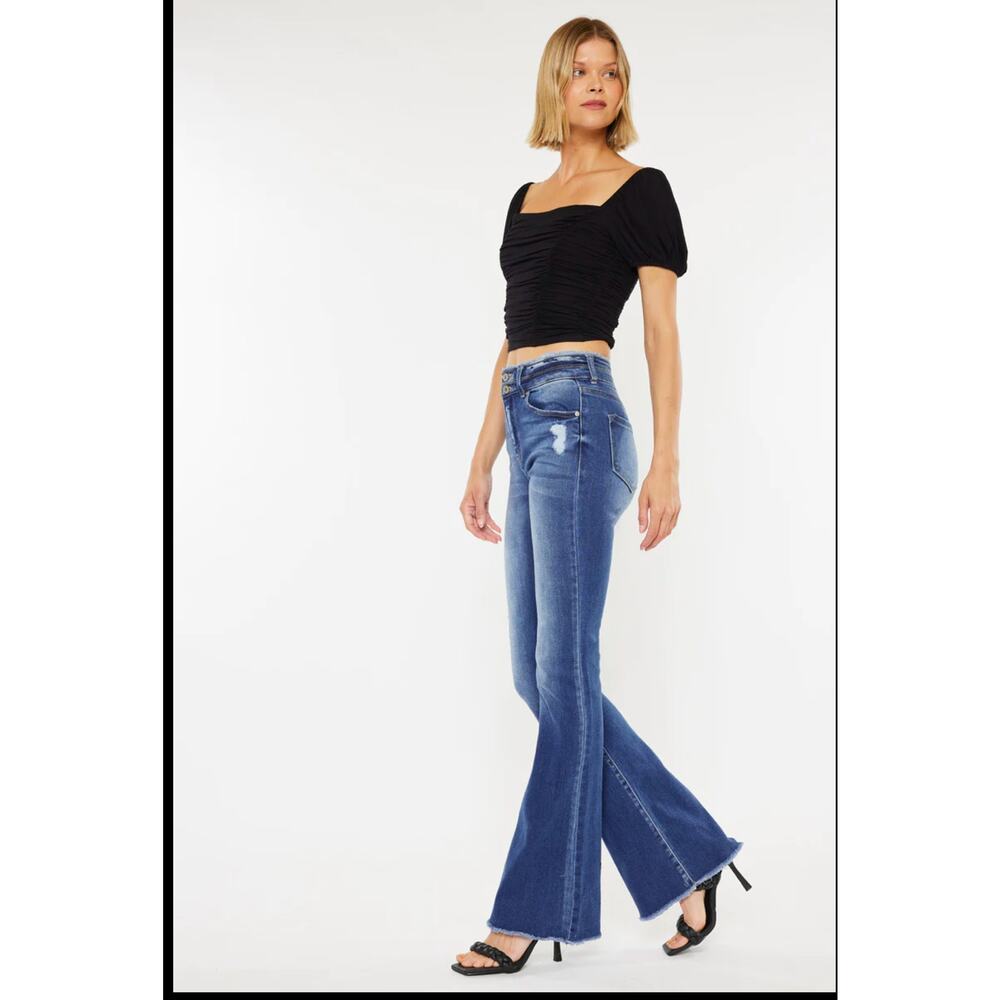 KanCan Dark MORGAN HIGH RISE FLARE JEANS Distressed hem Bell bottoms